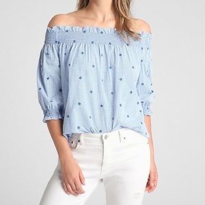 Gap Women’s Smocked Off-Shoulder Top in Blue Gingham- Size XL